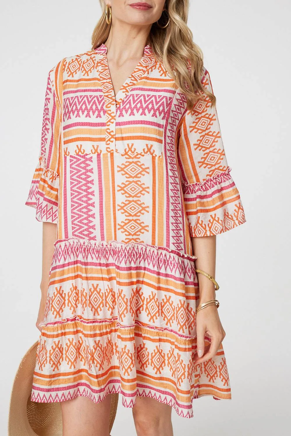 Aztec Print V-Neck 3/4 Sleeve Short Dress