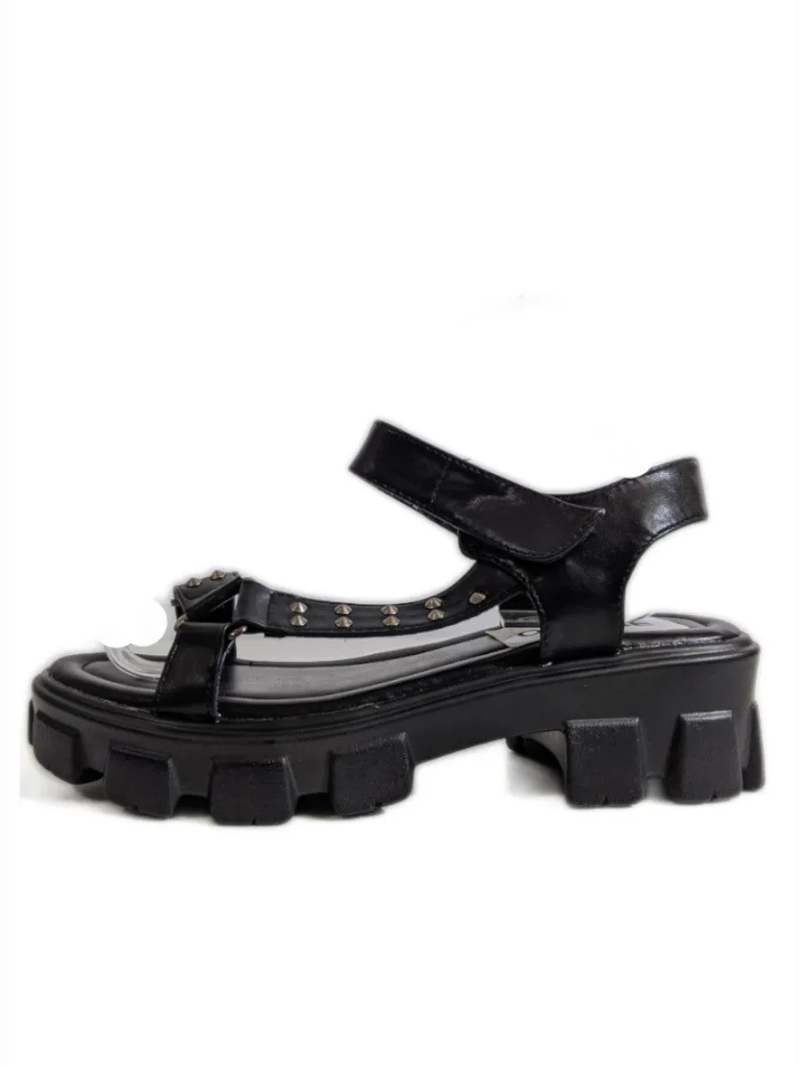 Black Chunky Platform Track Sole Studded Sandals