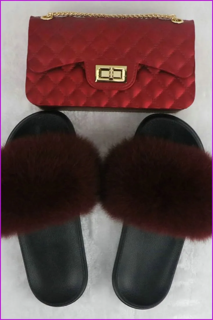 Black Furry Slides with Matching Color Chain Strap Purse F737