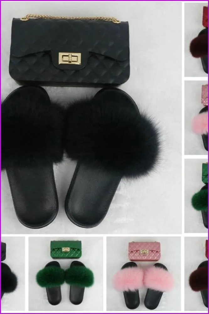 Black Furry Slides with Matching Color Chain Strap Purse F737