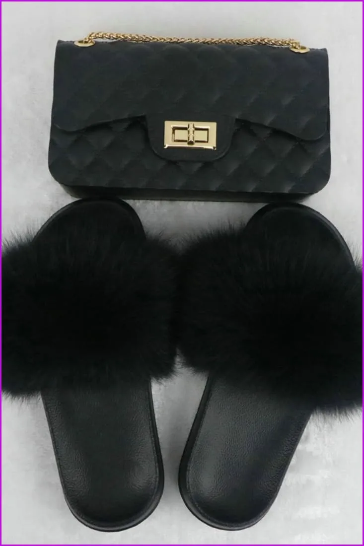 Black Furry Slides with Matching Color Chain Strap Purse F737