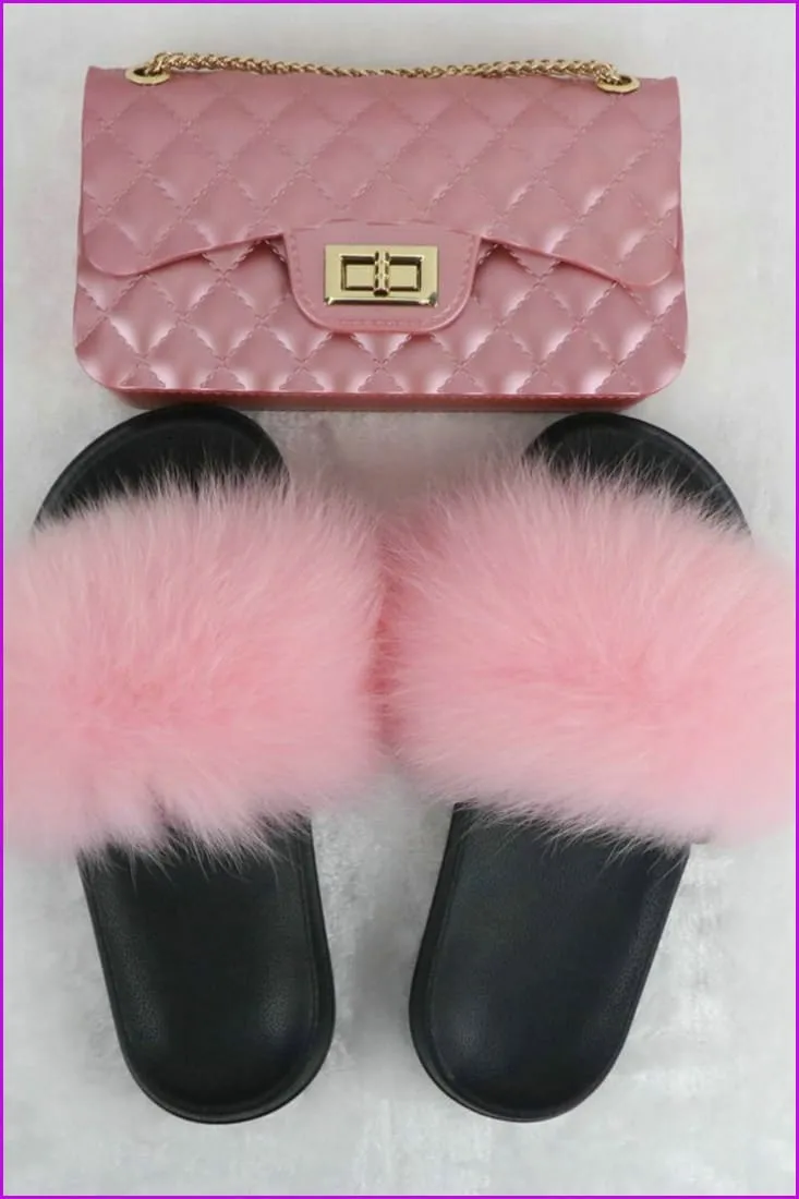 Black Furry Slides with Matching Color Chain Strap Purse F737