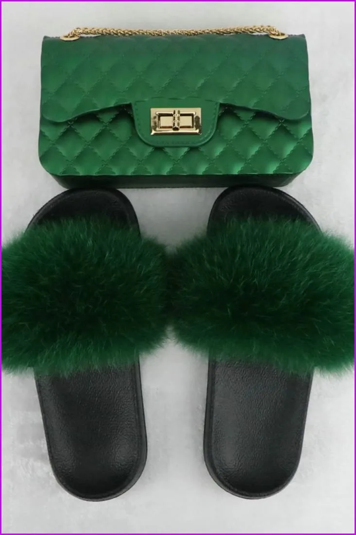 Black Furry Slides with Matching Color Chain Strap Purse F737