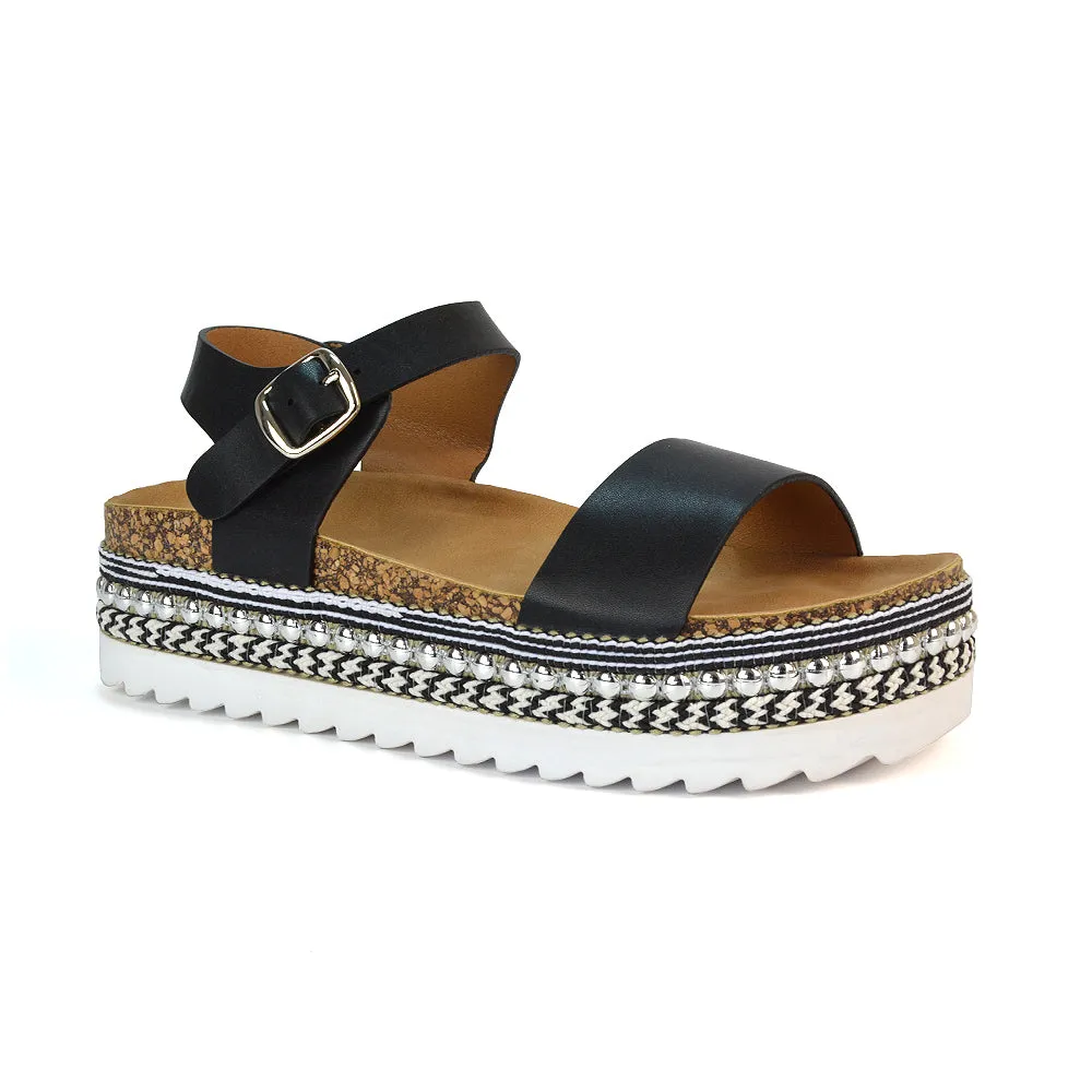 Bonnie Strappy Flat Sandals Chunky Flatform Wedges in Black