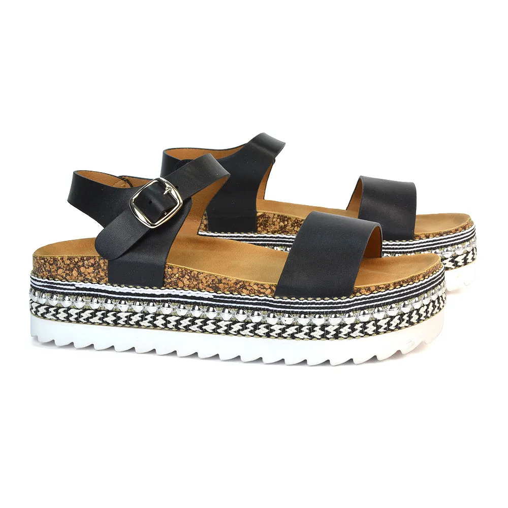 Bonnie Strappy Flat Sandals Chunky Flatform Wedges in Black