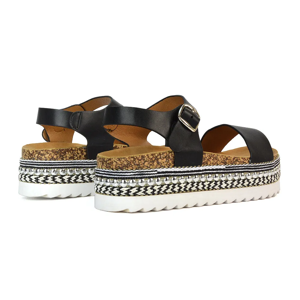 Bonnie Strappy Flat Sandals Chunky Flatform Wedges in Black