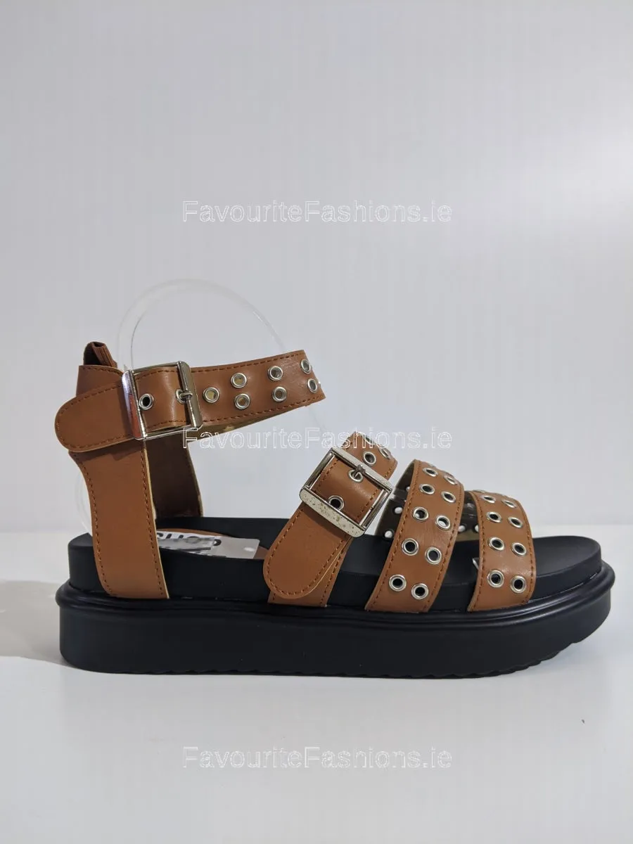 Camel Buckle Chunky Platform Gladiator Strap Sandals