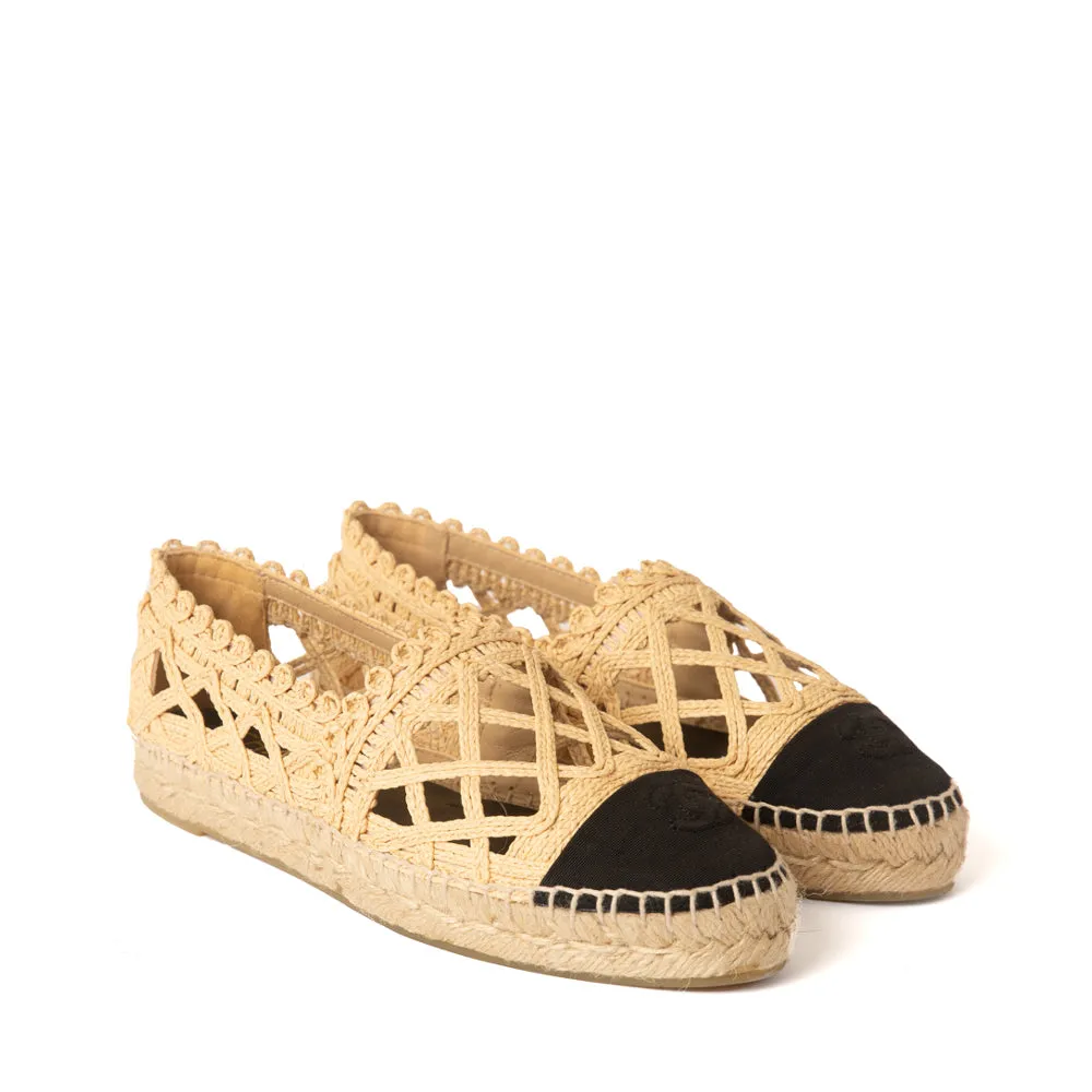 Chanel Beige Woven Fabric Grosgrain CC Espadrille Flats 38