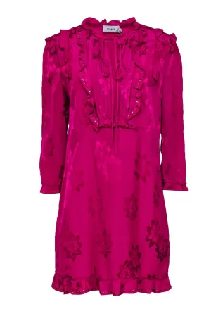 Coach - Fuchsia Satin Floral Textured Peasant Dress w/ Ruffles Sz 10