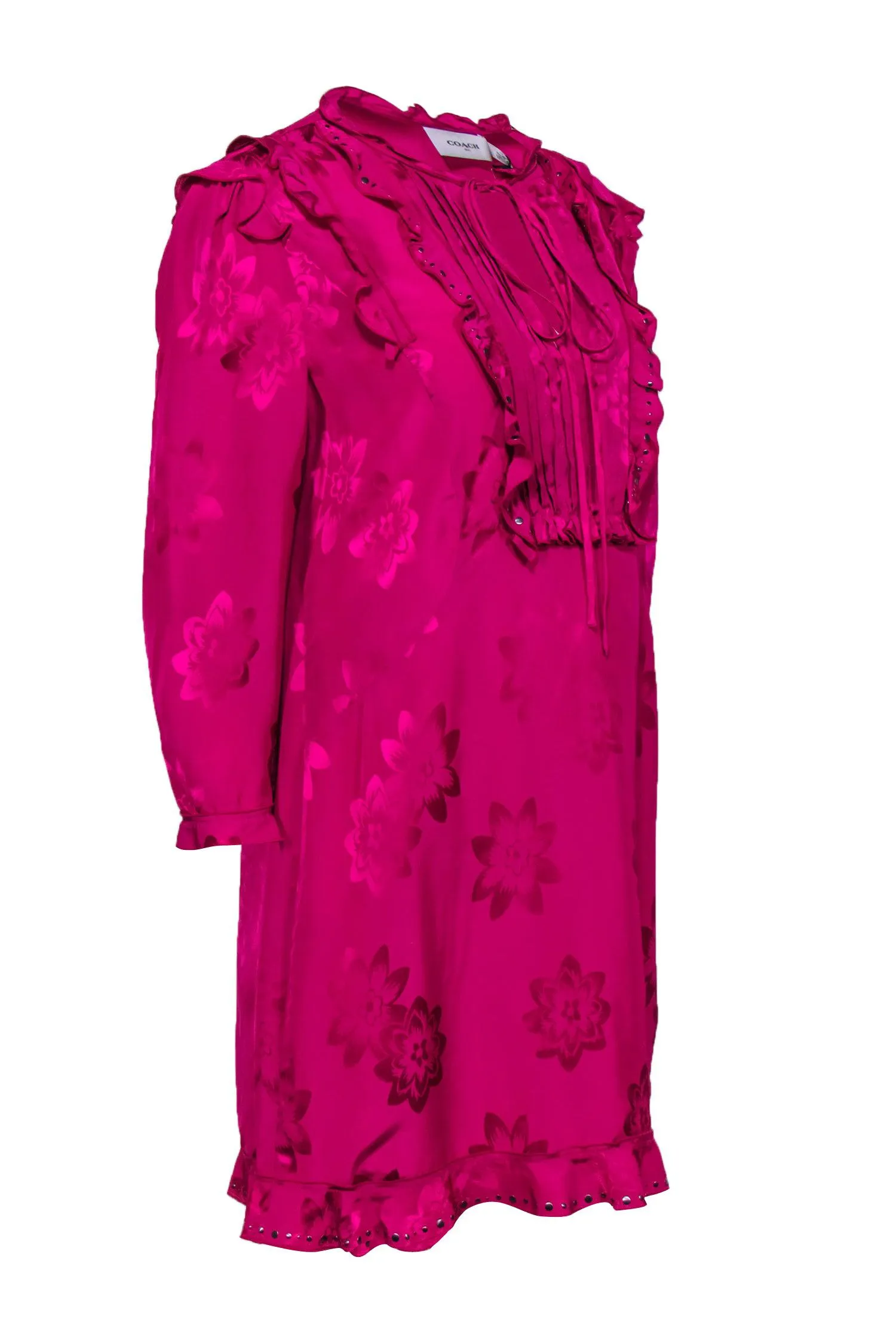 Coach - Fuchsia Satin Floral Textured Peasant Dress w/ Ruffles Sz 10