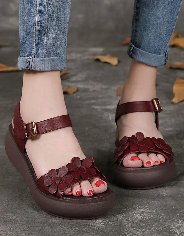 Leather Retro Flower Comfortable Wedge Sandals