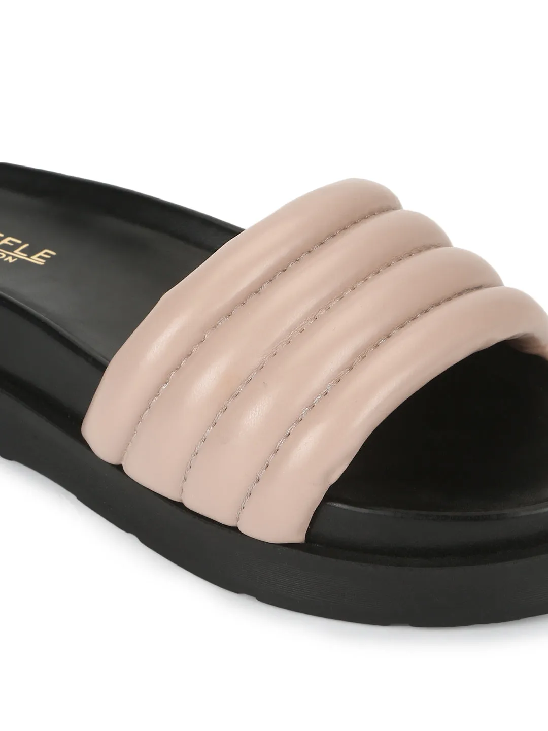 Nude PU Quilted Platform Slides