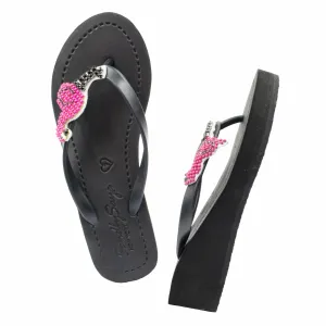 Pink Flamingo -Embroidered Mid Wedge Flip Flops