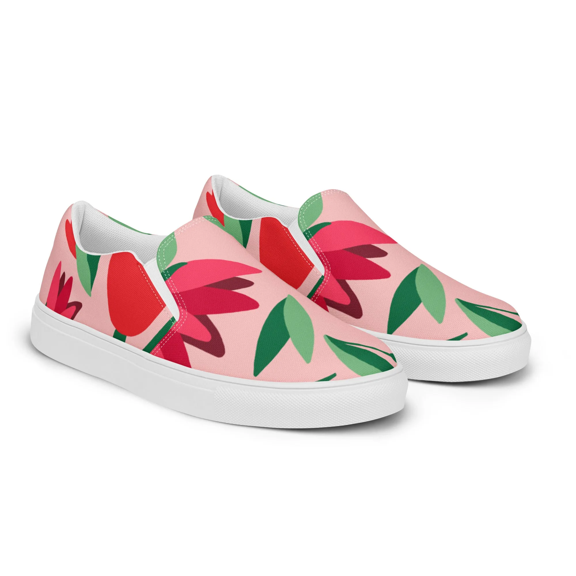 Pink Floral Women's Slip Ons, Red Floral Flower Print Women’s Slip-On Canvas Shoes (US Size: 5-12)