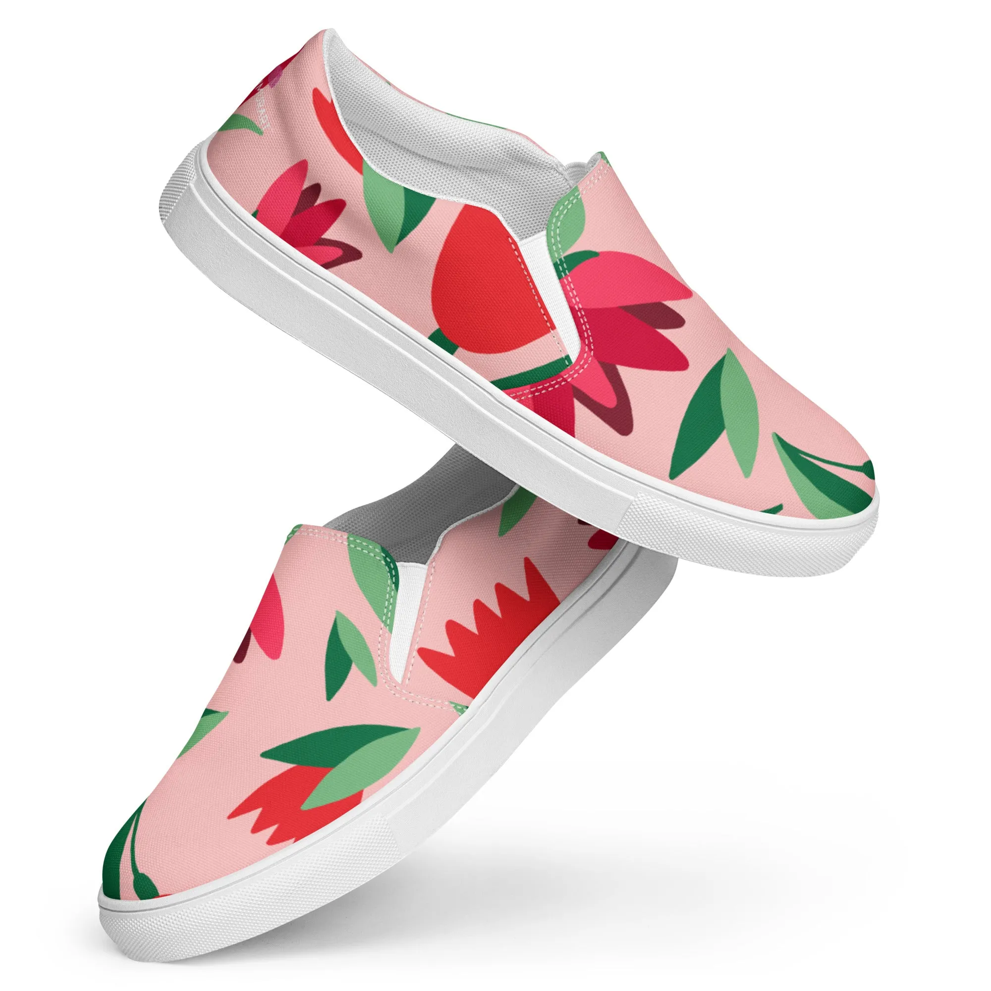 Pink Floral Women's Slip Ons, Red Floral Flower Print Women’s Slip-On Canvas Shoes (US Size: 5-12)