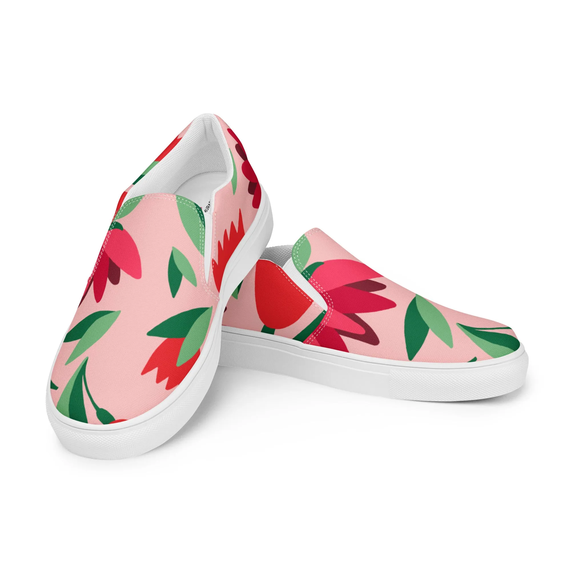 Pink Floral Women's Slip Ons, Red Floral Flower Print Women’s Slip-On Canvas Shoes (US Size: 5-12)