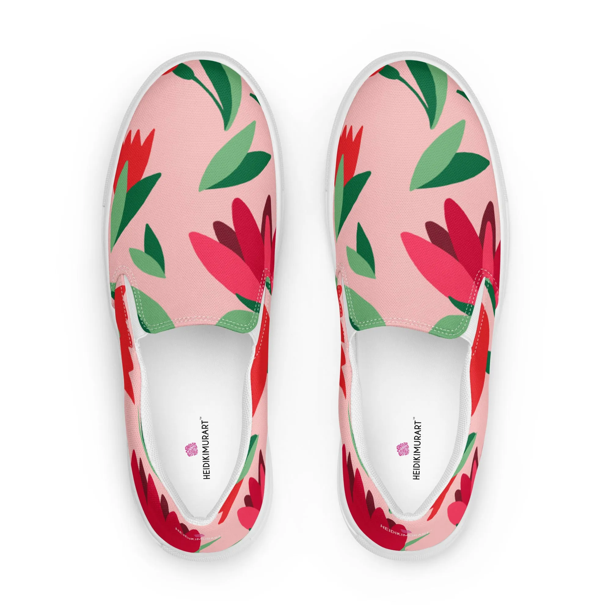 Pink Floral Women's Slip Ons, Red Floral Flower Print Women’s Slip-On Canvas Shoes (US Size: 5-12)