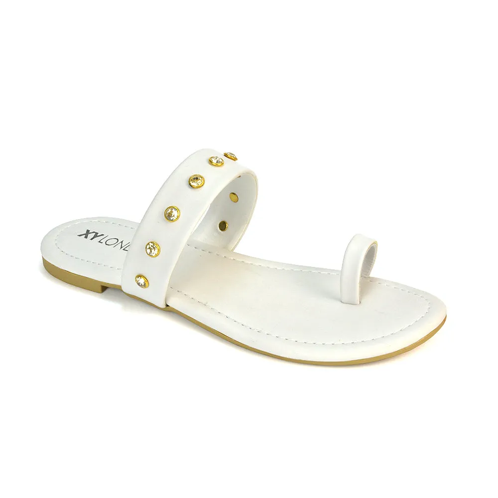 Sammie Slip On Toe Post Flat Heel Diamante Leather Summer Sandal Slides in Silver