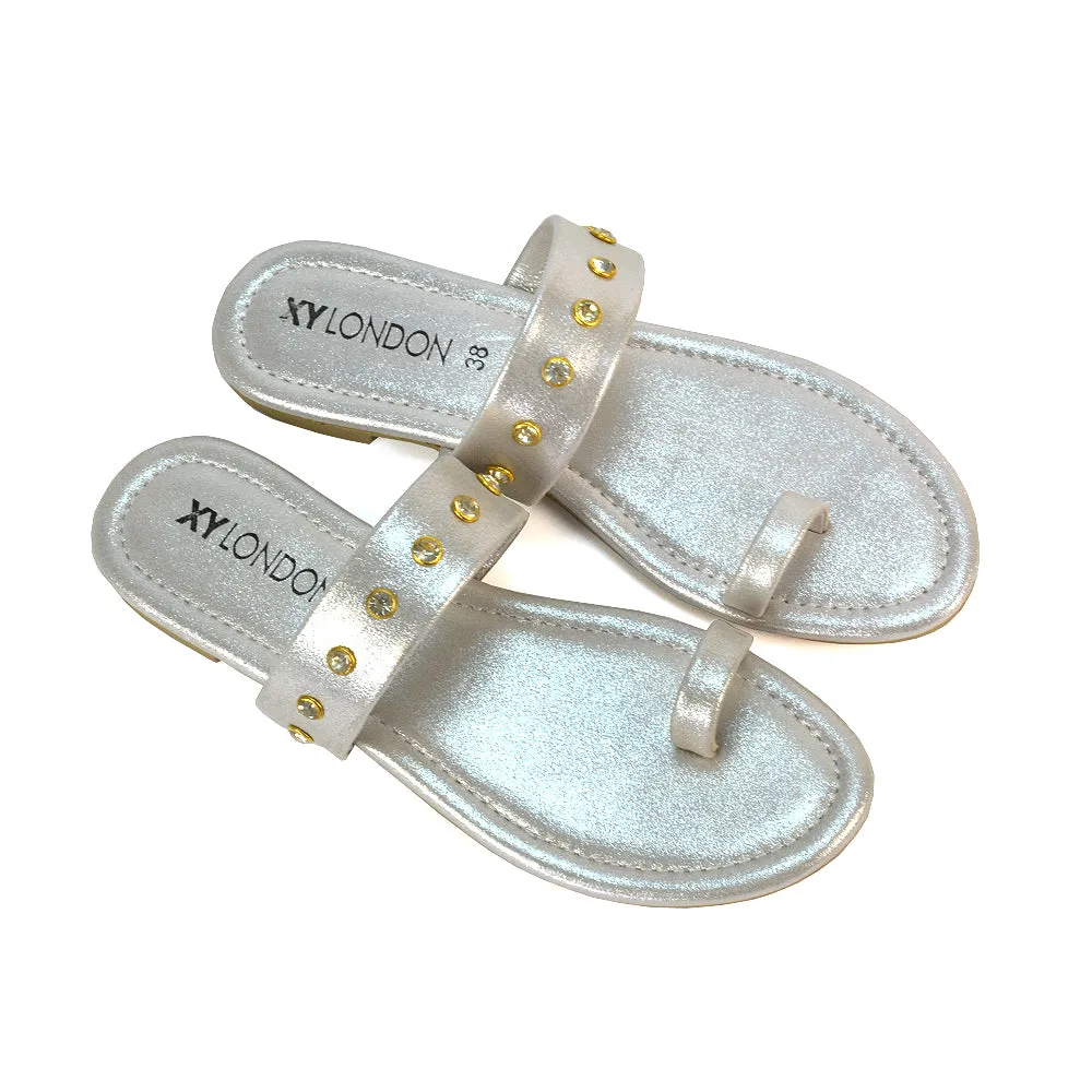 Sammie Slip On Toe Post Flat Heel Diamante Leather Summer Sandal Slides in Silver