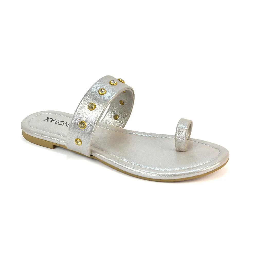 Sammie Slip On Toe Post Flat Heel Diamante Leather Summer Sandal Slides in Silver