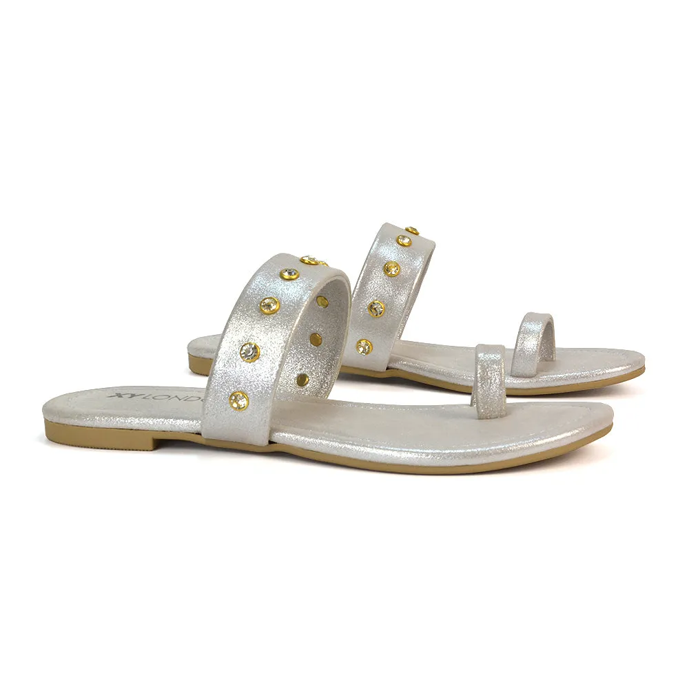 Sammie Slip On Toe Post Flat Heel Diamante Leather Summer Sandal Slides in Silver