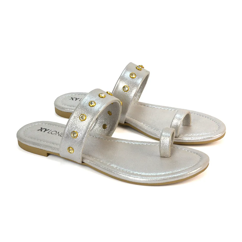 Sammie Slip On Toe Post Flat Heel Diamante Leather Summer Sandal Slides in Silver