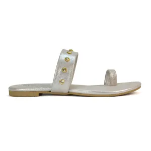 Sammie Slip On Toe Post Flat Heel Diamante Leather Summer Sandal Slides in Silver