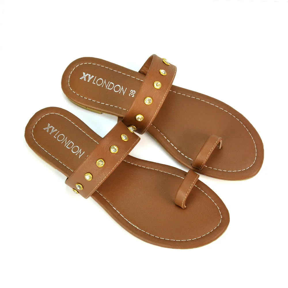 Sammie Slip On Toe Post Flat Heel Diamante Leather Summer Sandal Slides in Tan