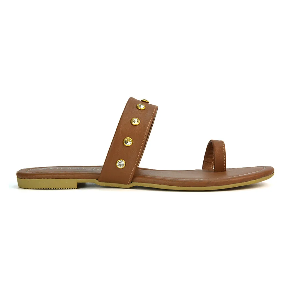 Sammie Slip On Toe Post Flat Heel Diamante Leather Summer Sandal Slides in Tan