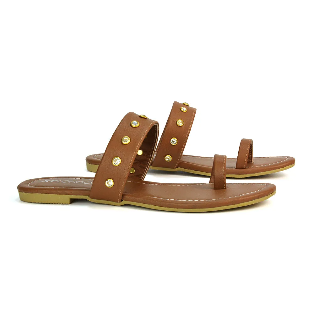 Sammie Slip On Toe Post Flat Heel Diamante Leather Summer Sandal Slides in Tan