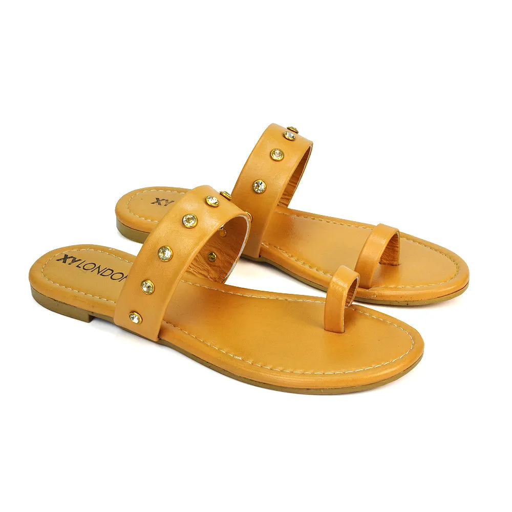 Sammie Slip On Toe Post Flat Heel Diamante Leather Summer Sandal Slides in Tan