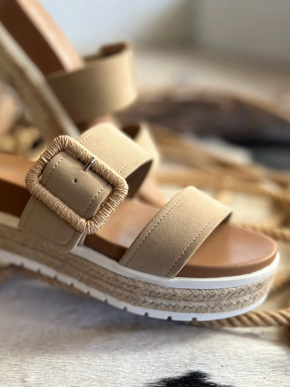 Suede Sand Raffia Platform Sandals*