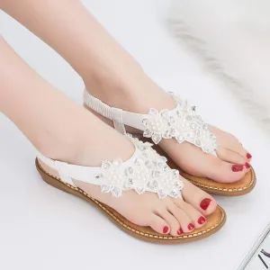 T-Strap Floral White Rhinestone Flip Flops Sandals