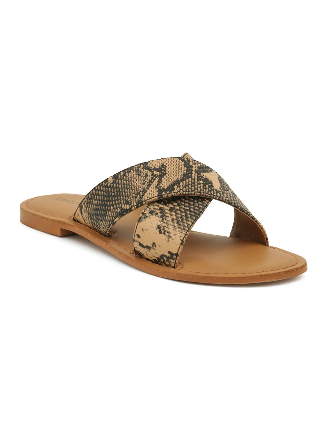 Tan Snake Print Slip-On Sandal