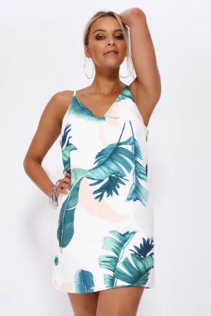 White Leaf Print Strappy Dress