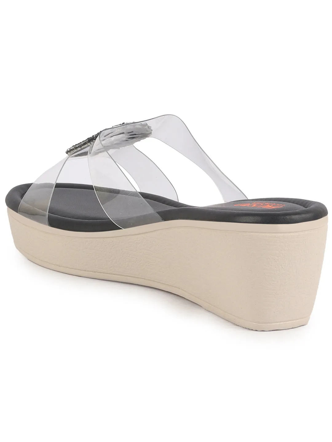 Women Black Open Toe Transparent Strap with Ring Buckle Height Enhancer Slip On Wedges|Sandals for Work|Office Wear