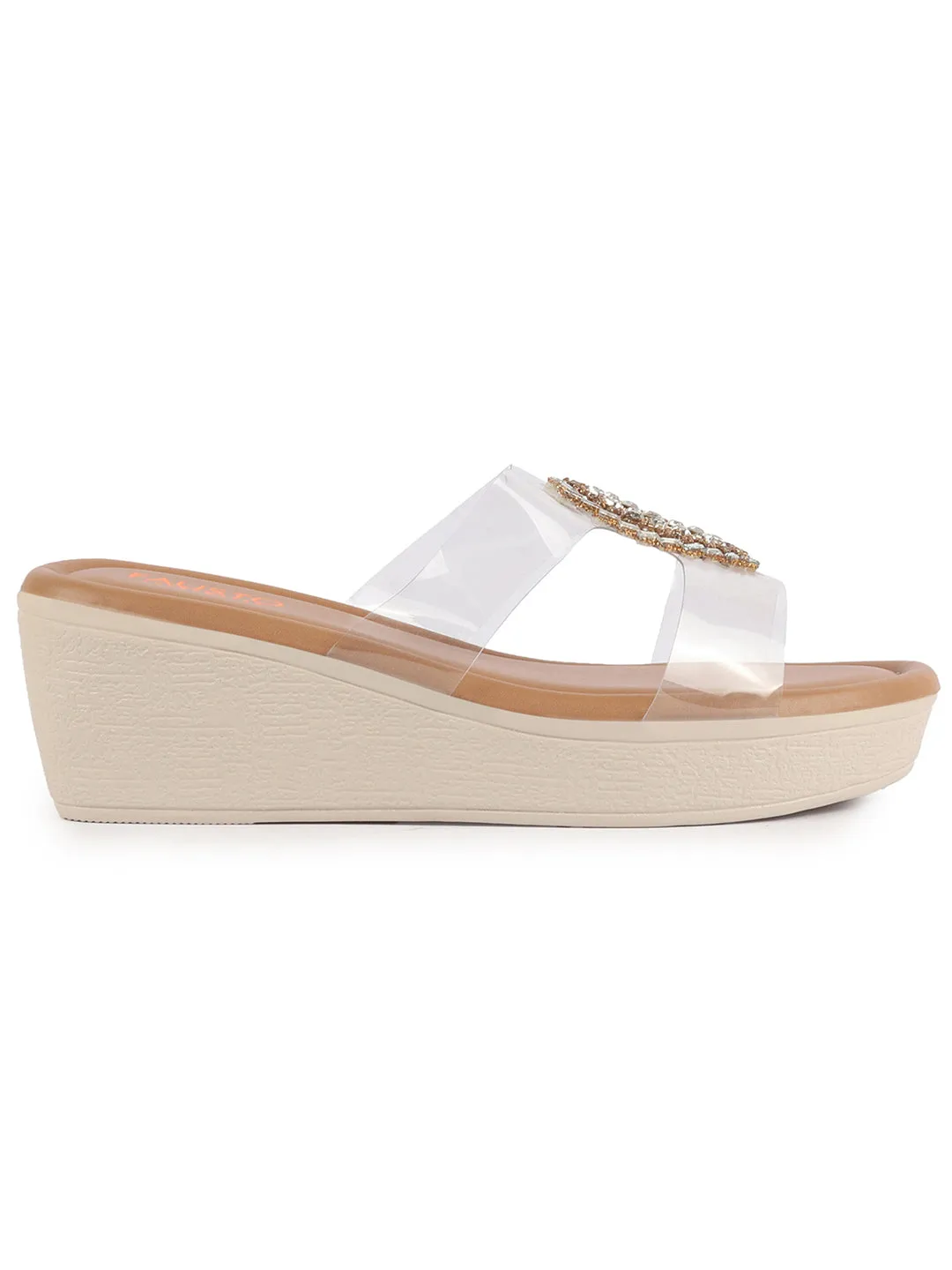 Women Light Brown Open Toe Transparent Strap with Ring Buckle Height Enhancer Slip On Wedges|Sandals for Work|Office Wear