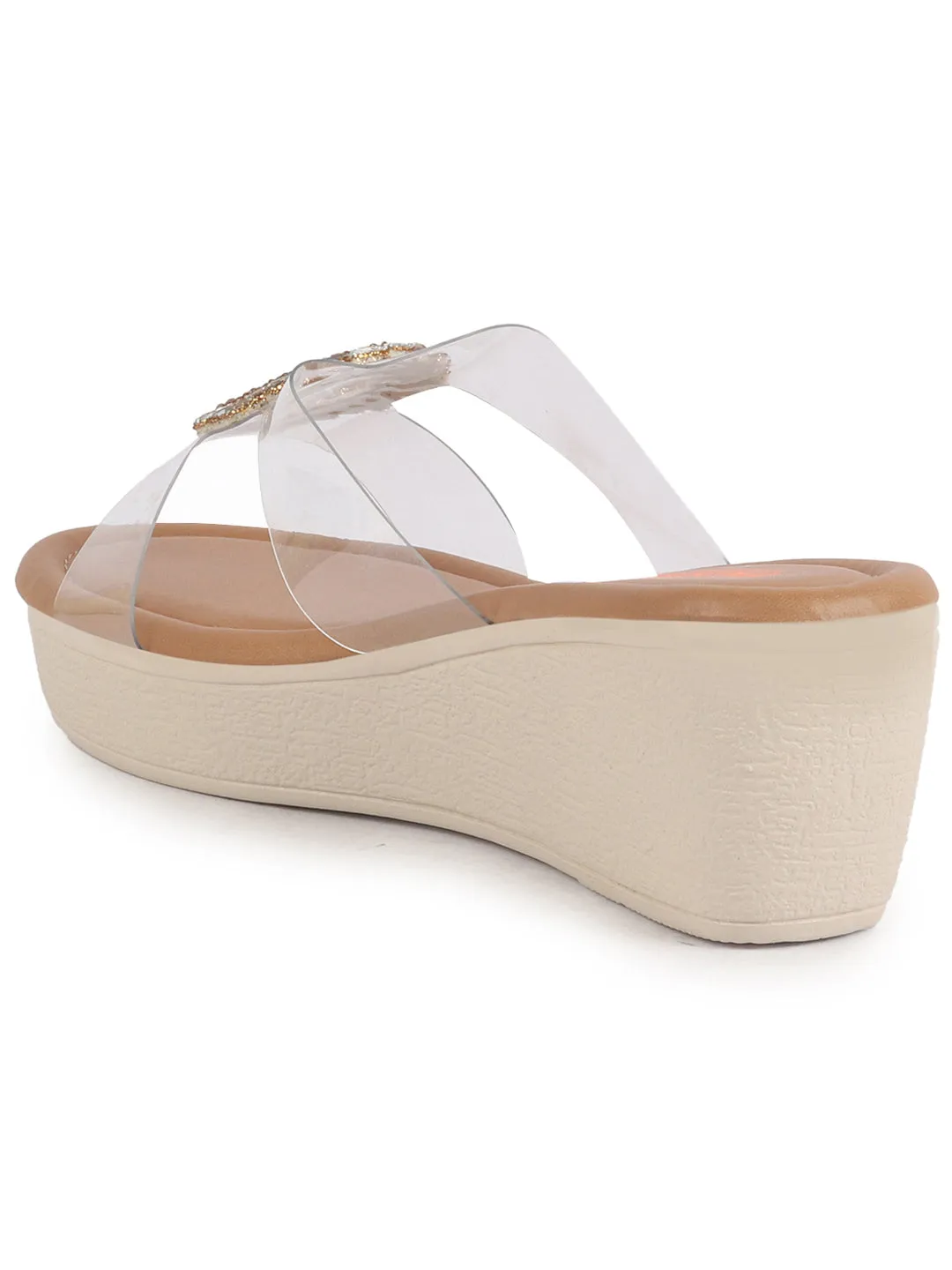 Women Light Brown Open Toe Transparent Strap with Ring Buckle Height Enhancer Slip On Wedges|Sandals for Work|Office Wear