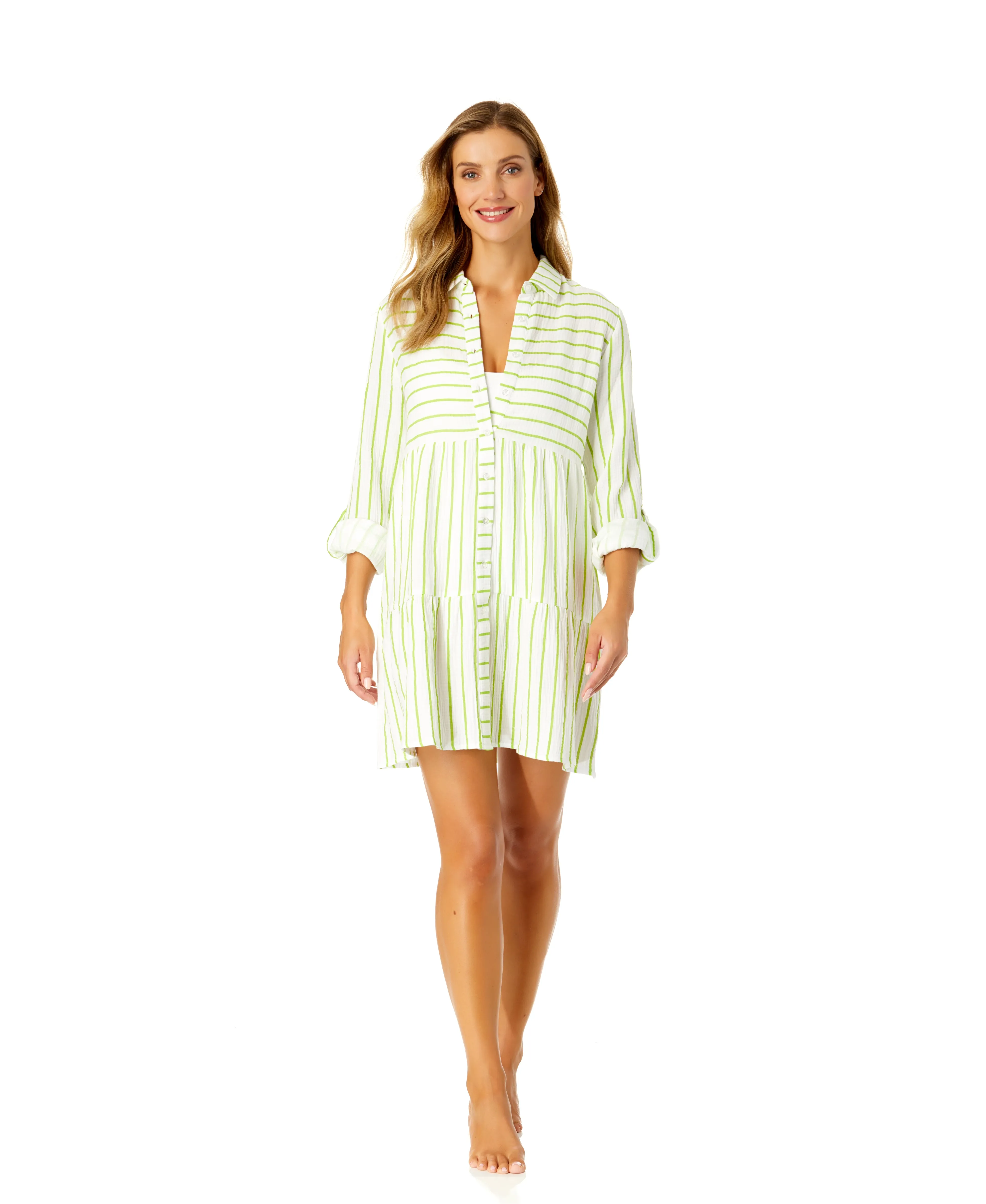 Women's Button Front Long Sleeve Tiered Dress Cover Up