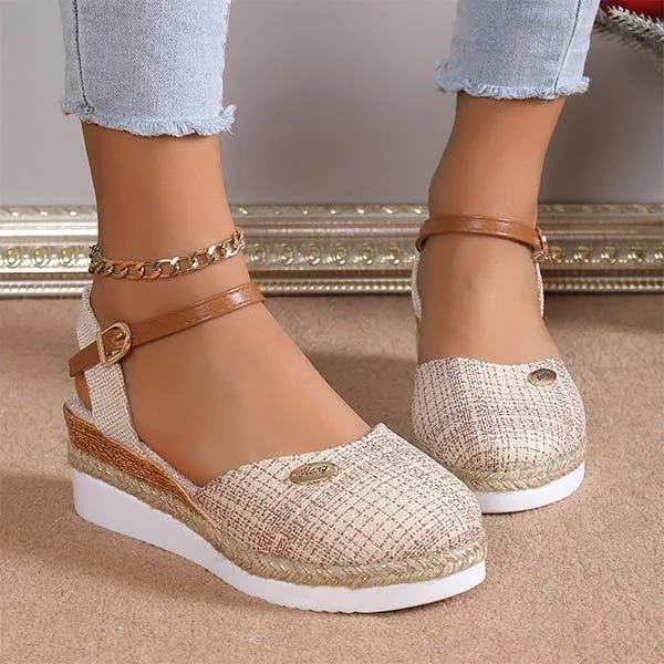 Women's Hemp Rope Sole One-Strap Wedge Sandals 67314689C