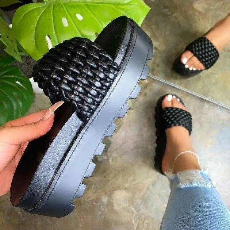 Women's thick platform woven one band open toe slides