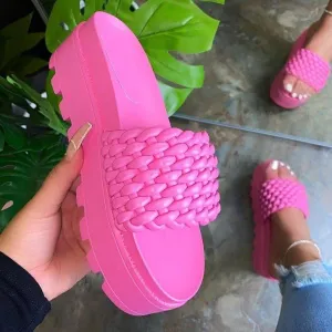 Women's thick platform woven one band open toe slides